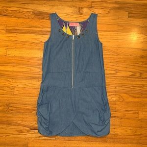 Denim dress with jewels at neckline